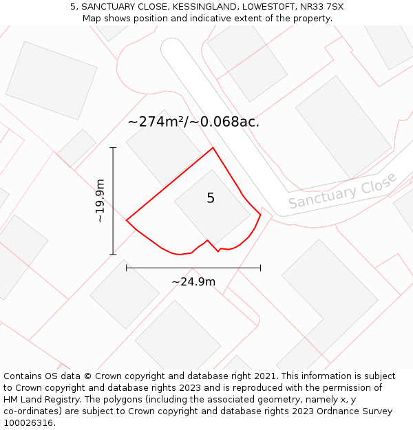 5, SANCTUARY CLOSE, KESSINGLAND, LOWESTOFT, NR33 7SX: Plot and title map