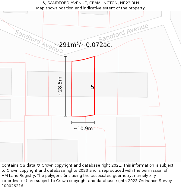 5, SANDFORD AVENUE, CRAMLINGTON, NE23 3LN: Plot and title map