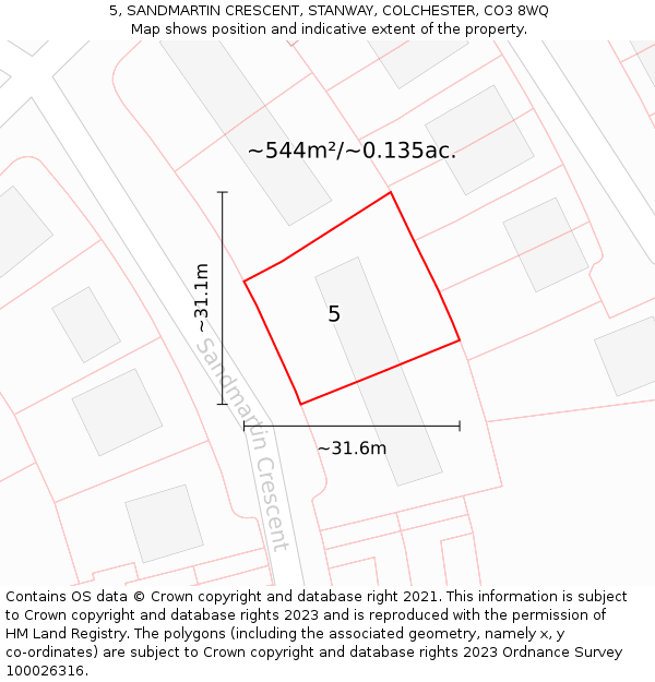 5, SANDMARTIN CRESCENT, STANWAY, COLCHESTER, CO3 8WQ: Plot and title map