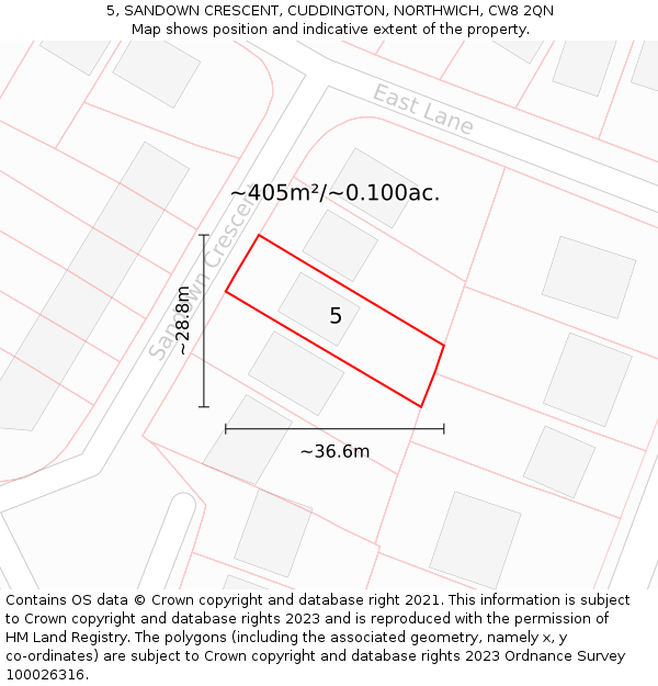 5, SANDOWN CRESCENT, CUDDINGTON, NORTHWICH, CW8 2QN: Plot and title map