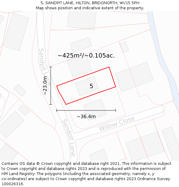 5, SANDPIT LANE, HILTON, BRIDGNORTH, WV15 5PH: Plot and title map