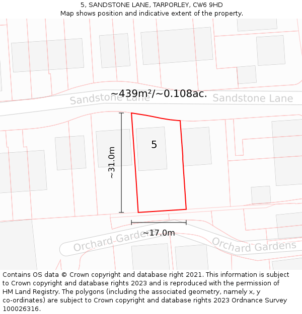 5, SANDSTONE LANE, TARPORLEY, CW6 9HD: Plot and title map