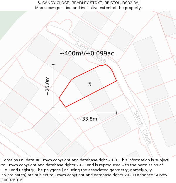 5, SANDY CLOSE, BRADLEY STOKE, BRISTOL, BS32 8AJ: Plot and title map