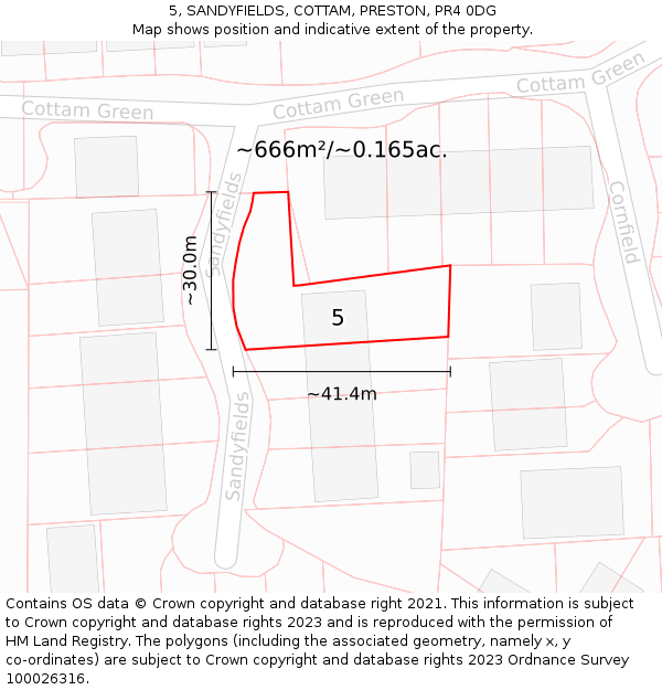 5, SANDYFIELDS, COTTAM, PRESTON, PR4 0DG: Plot and title map