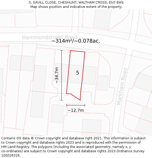 5, SAVILL CLOSE, CHESHUNT, WALTHAM CROSS, EN7 6WS: Plot and title map