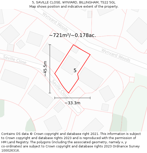 5, SAVILLE CLOSE, WYNYARD, BILLINGHAM, TS22 5GL: Plot and title map