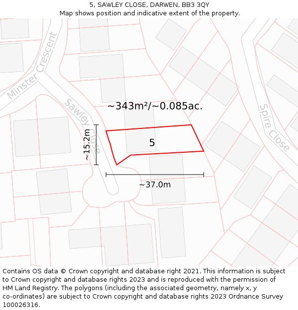 5, SAWLEY CLOSE, DARWEN, BB3 3QY: Plot and title map