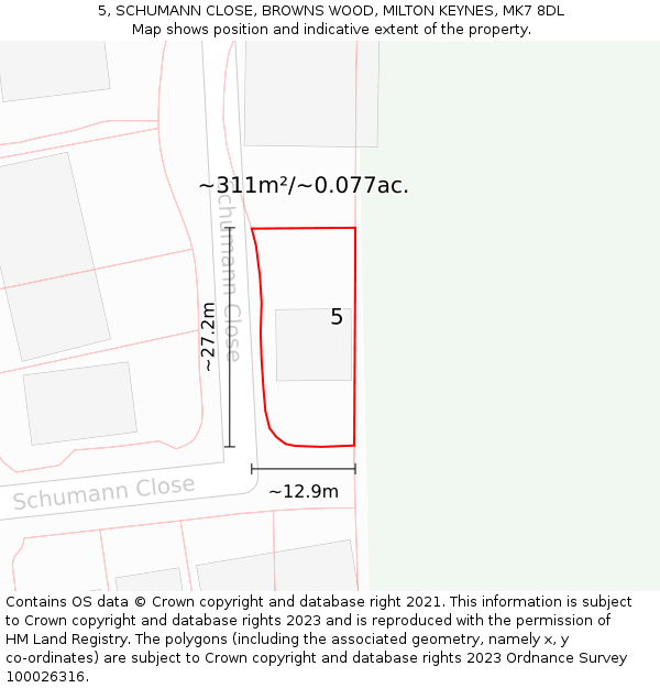 5, SCHUMANN CLOSE, BROWNS WOOD, MILTON KEYNES, MK7 8DL: Plot and title map