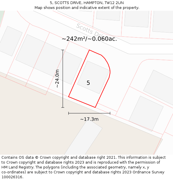 5, SCOTTS DRIVE, HAMPTON, TW12 2UN: Plot and title map