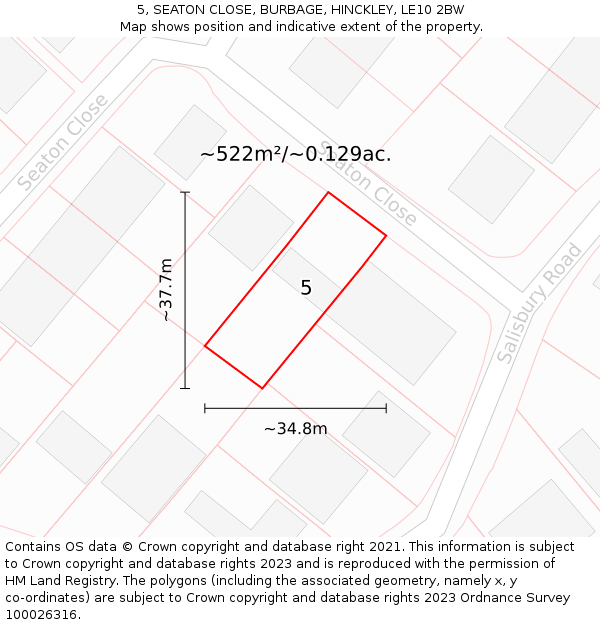 5, SEATON CLOSE, BURBAGE, HINCKLEY, LE10 2BW: Plot and title map