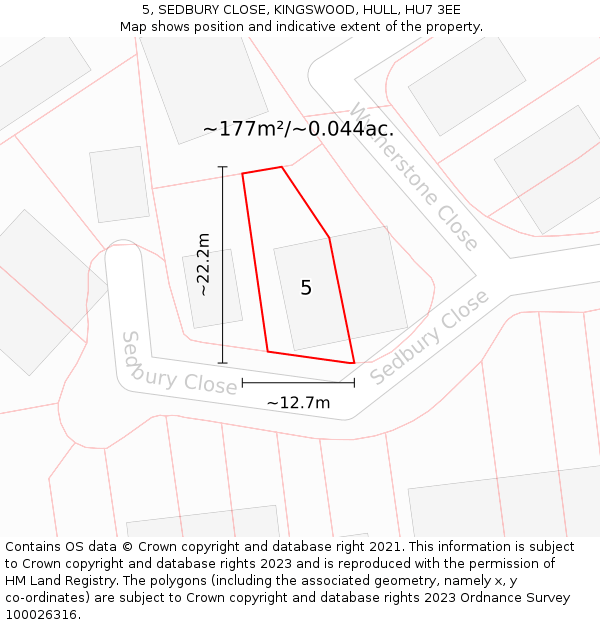 5, SEDBURY CLOSE, KINGSWOOD, HULL, HU7 3EE: Plot and title map