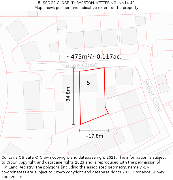 5, SEDGE CLOSE, THRAPSTON, KETTERING, NN14 4PJ: Plot and title map