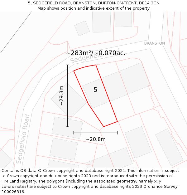 5, SEDGEFIELD ROAD, BRANSTON, BURTON-ON-TRENT, DE14 3GN: Plot and title map