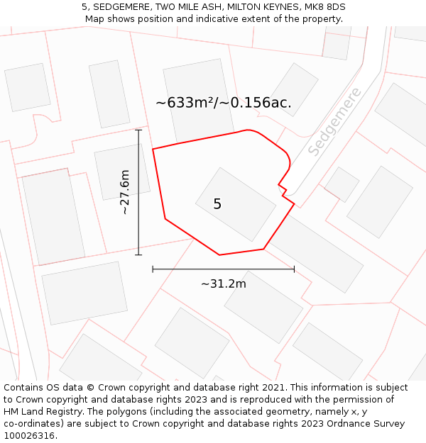 5, SEDGEMERE, TWO MILE ASH, MILTON KEYNES, MK8 8DS: Plot and title map