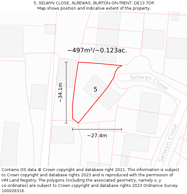 5, SELWYN CLOSE, ALREWAS, BURTON-ON-TRENT, DE13 7DR: Plot and title map