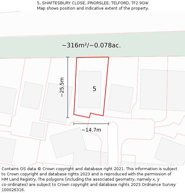 5, SHAFTESBURY CLOSE, PRIORSLEE, TELFORD, TF2 9GW: Plot and title map