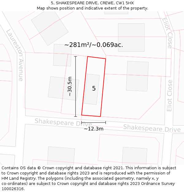 5, SHAKESPEARE DRIVE, CREWE, CW1 5HX: Plot and title map