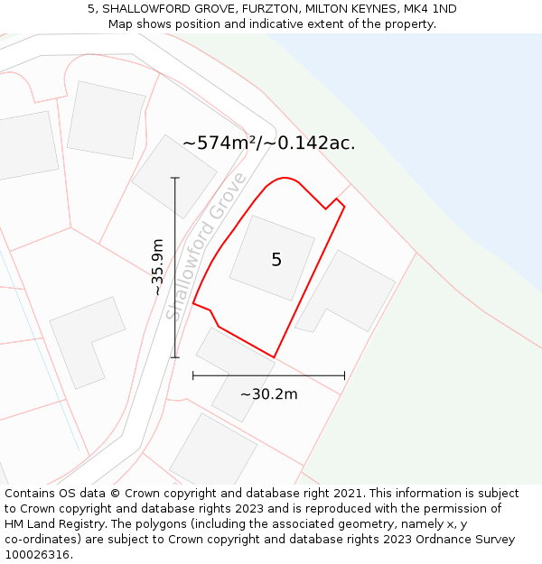 5, SHALLOWFORD GROVE, FURZTON, MILTON KEYNES, MK4 1ND: Plot and title map