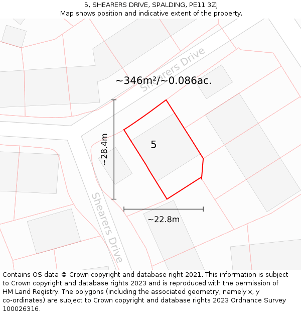 5, SHEARERS DRIVE, SPALDING, PE11 3ZJ: Plot and title map