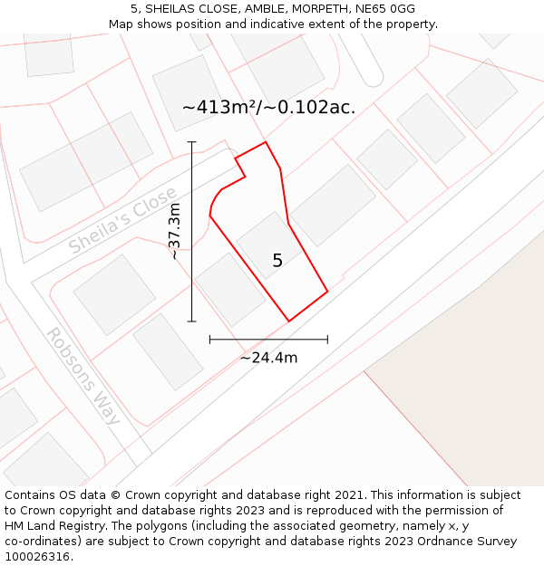 5, SHEILAS CLOSE, AMBLE, MORPETH, NE65 0GG: Plot and title map