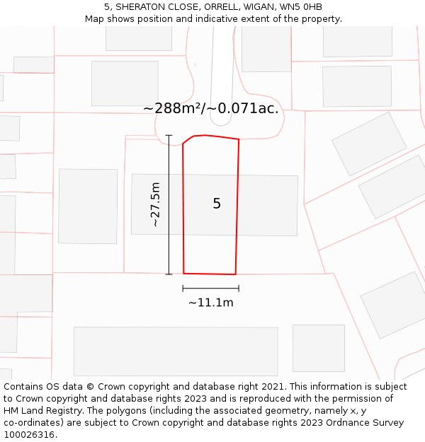 5, SHERATON CLOSE, ORRELL, WIGAN, WN5 0HB: Plot and title map