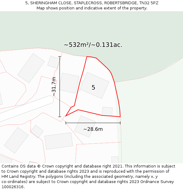 5, SHERINGHAM CLOSE, STAPLECROSS, ROBERTSBRIDGE, TN32 5PZ: Plot and title map