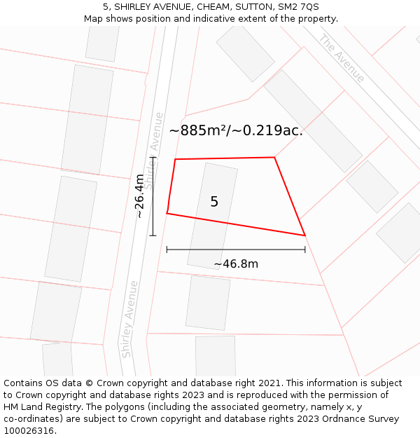 5, SHIRLEY AVENUE, CHEAM, SUTTON, SM2 7QS: Plot and title map