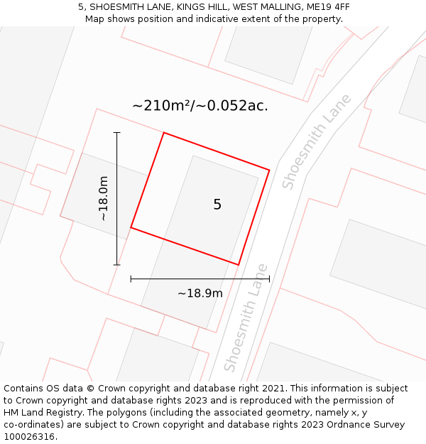 5, SHOESMITH LANE, KINGS HILL, WEST MALLING, ME19 4FF: Plot and title map
