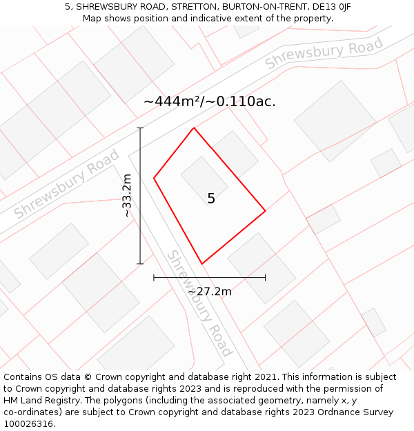 5, SHREWSBURY ROAD, STRETTON, BURTON-ON-TRENT, DE13 0JF: Plot and title map