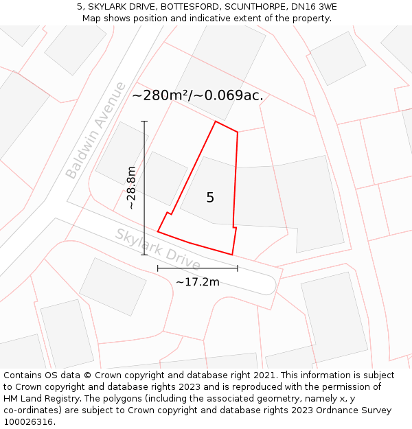 5, SKYLARK DRIVE, BOTTESFORD, SCUNTHORPE, DN16 3WE: Plot and title map