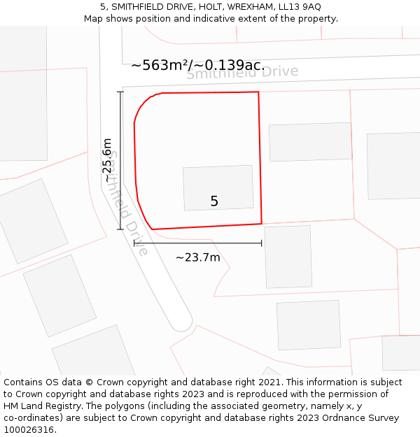 5, SMITHFIELD DRIVE, HOLT, WREXHAM, LL13 9AQ: Plot and title map