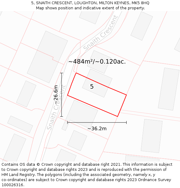 5, SNAITH CRESCENT, LOUGHTON, MILTON KEYNES, MK5 8HQ: Plot and title map