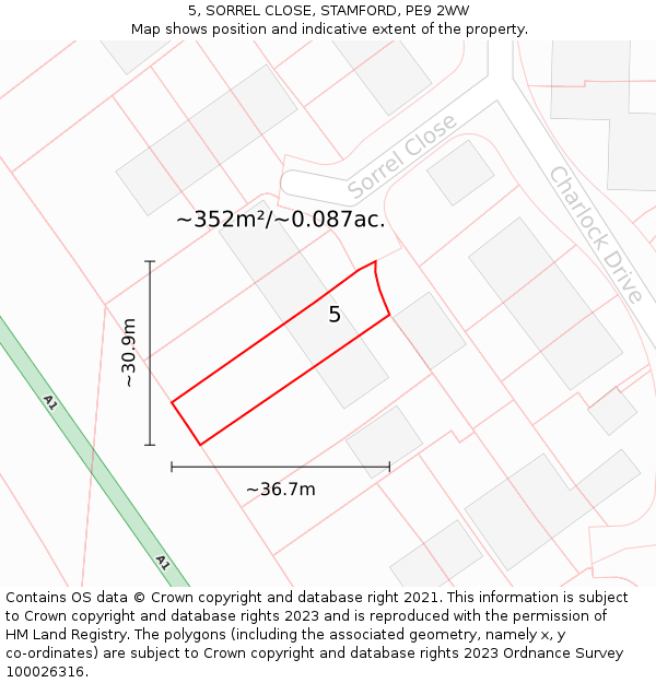 5, SORREL CLOSE, STAMFORD, PE9 2WW: Plot and title map