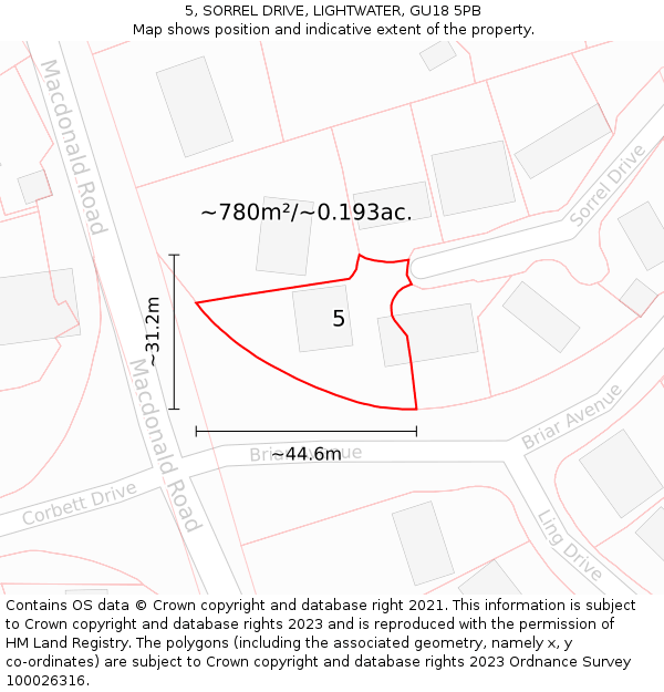 5, SORREL DRIVE, LIGHTWATER, GU18 5PB: Plot and title map