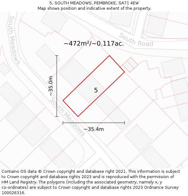 5, SOUTH MEADOWS, PEMBROKE, SA71 4EW: Plot and title map