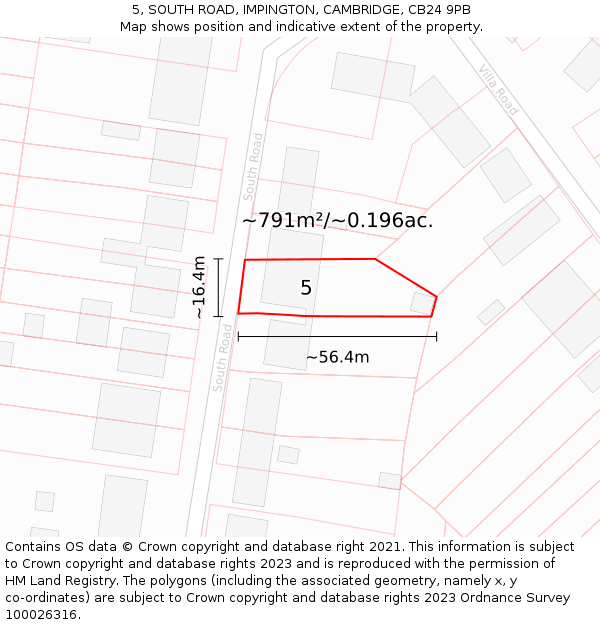 5, SOUTH ROAD, IMPINGTON, CAMBRIDGE, CB24 9PB: Plot and title map