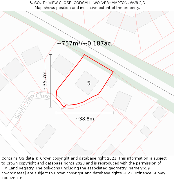 5, SOUTH VIEW CLOSE, CODSALL, WOLVERHAMPTON, WV8 2JD: Plot and title map