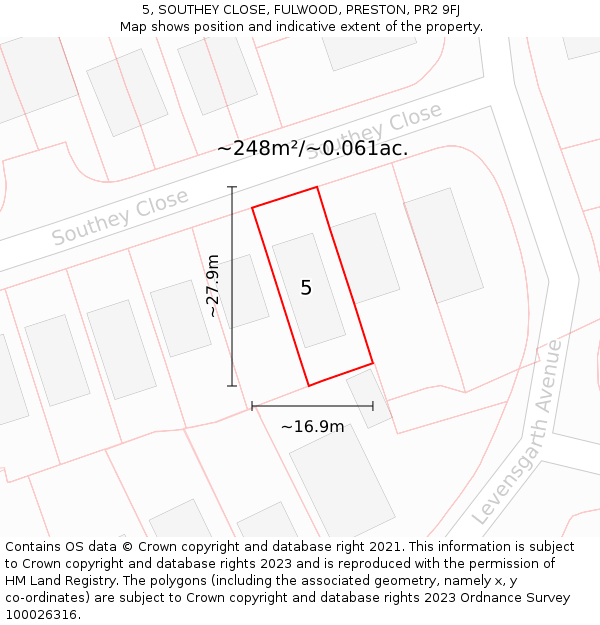 5, SOUTHEY CLOSE, FULWOOD, PRESTON, PR2 9FJ: Plot and title map