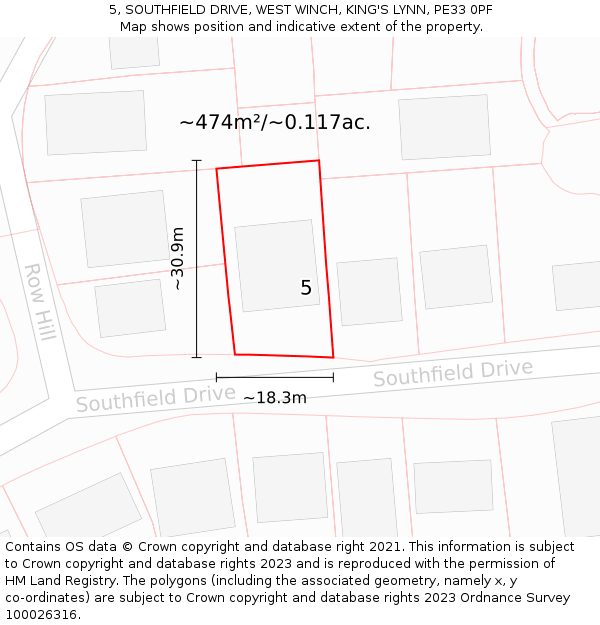 5, SOUTHFIELD DRIVE, WEST WINCH, KING'S LYNN, PE33 0PF: Plot and title map