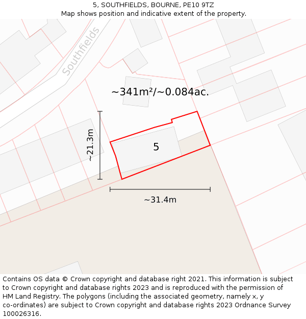 5, SOUTHFIELDS, BOURNE, PE10 9TZ: Plot and title map