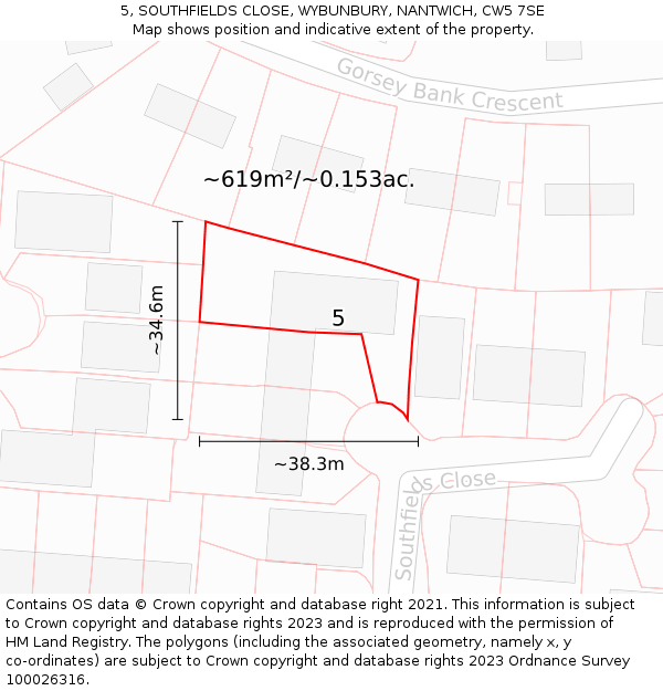 5, SOUTHFIELDS CLOSE, WYBUNBURY, NANTWICH, CW5 7SE: Plot and title map