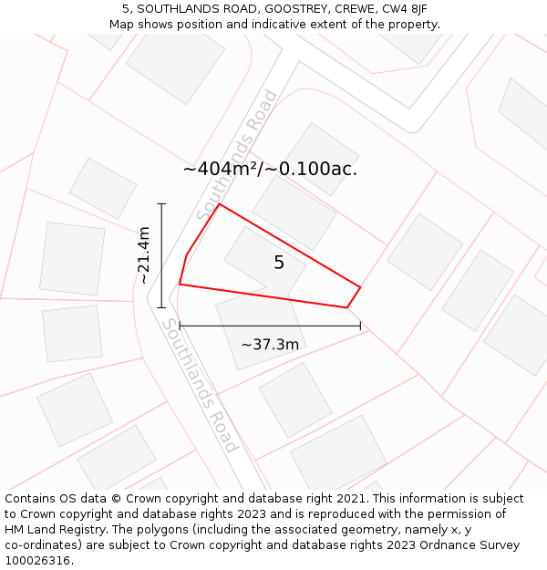 5, SOUTHLANDS ROAD, GOOSTREY, CREWE, CW4 8JF: Plot and title map