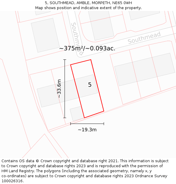 5, SOUTHMEAD, AMBLE, MORPETH, NE65 0WH: Plot and title map