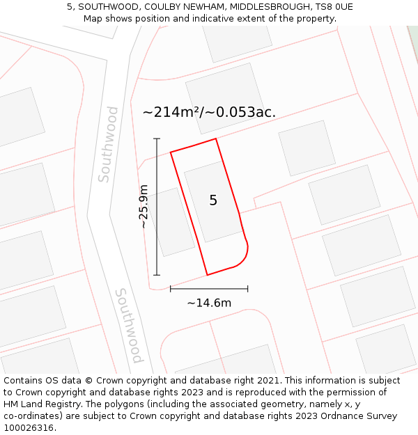 5, SOUTHWOOD, COULBY NEWHAM, MIDDLESBROUGH, TS8 0UE: Plot and title map