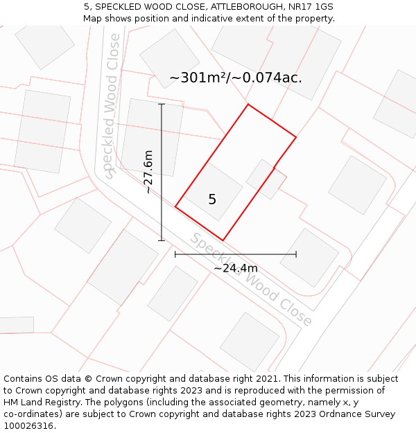 5, SPECKLED WOOD CLOSE, ATTLEBOROUGH, NR17 1GS: Plot and title map