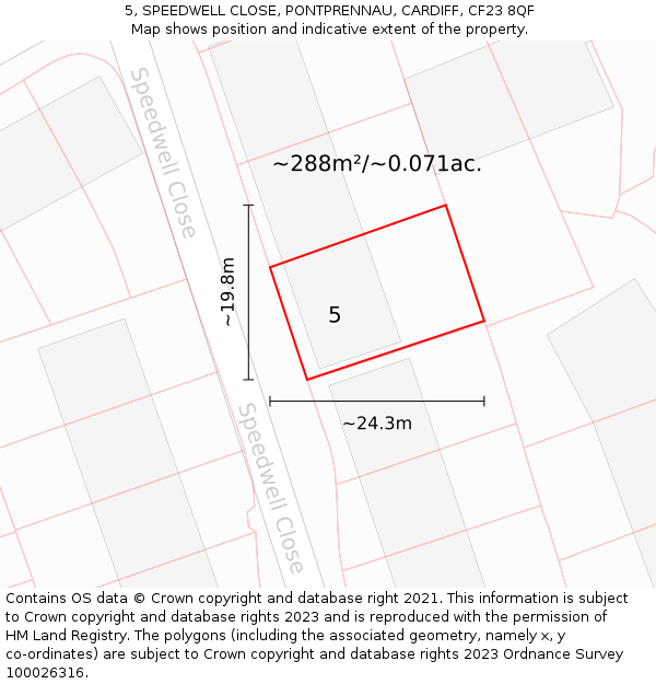 5, SPEEDWELL CLOSE, PONTPRENNAU, CARDIFF, CF23 8QF: Plot and title map