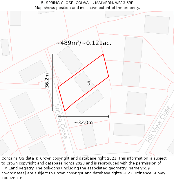 5, SPRING CLOSE, COLWALL, MALVERN, WR13 6RE: Plot and title map