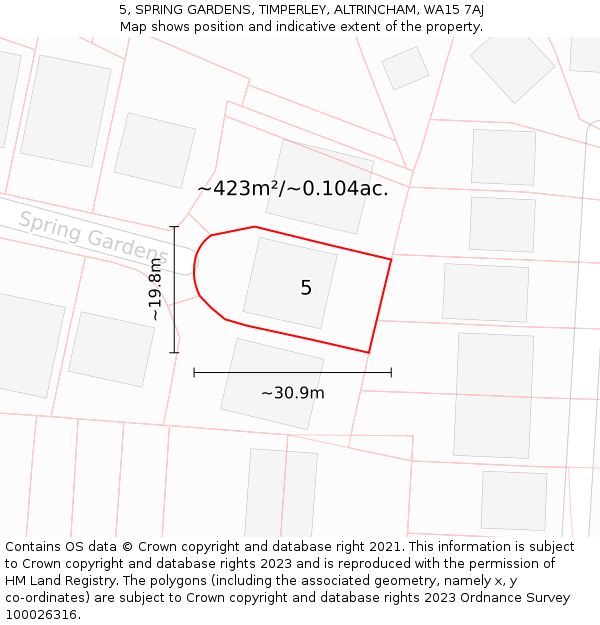 5, SPRING GARDENS, TIMPERLEY, ALTRINCHAM, WA15 7AJ: Plot and title map