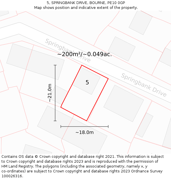 5, SPRINGBANK DRIVE, BOURNE, PE10 0GP: Plot and title map