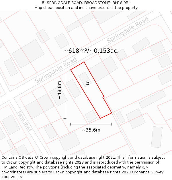 5, SPRINGDALE ROAD, BROADSTONE, BH18 9BL: Plot and title map